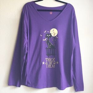 Purple long sleeve Halloween top black cat on picket fence with moon & bats 3X